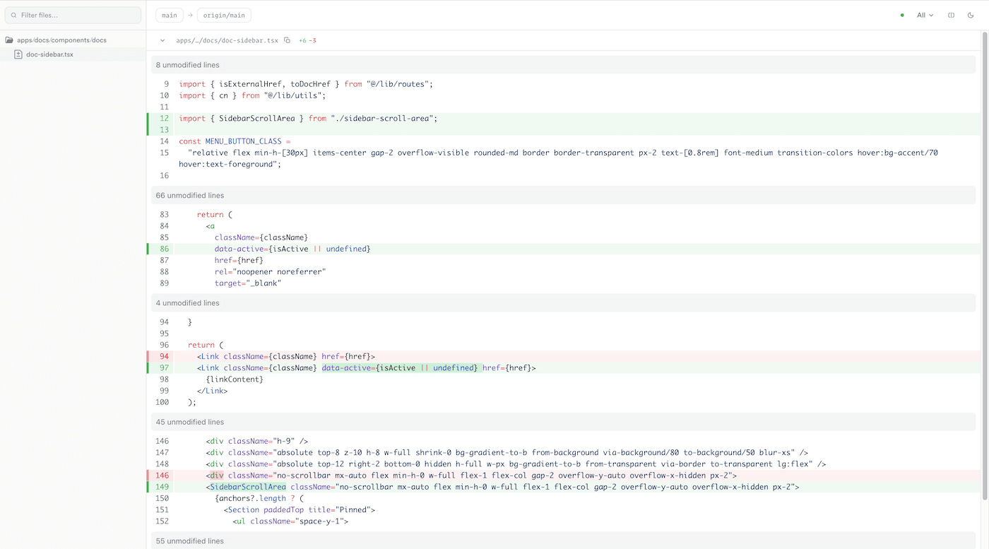 DiffHub showing a split-view code diff with file sidebar